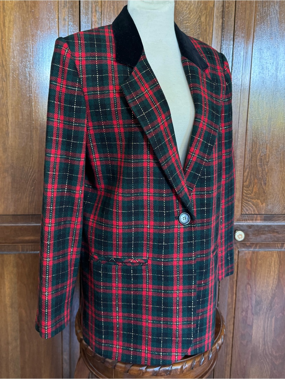 Vtg Sag Harbor Metallic Plaid Wool Blazer Velvet Collar Dark Academia Holiday M